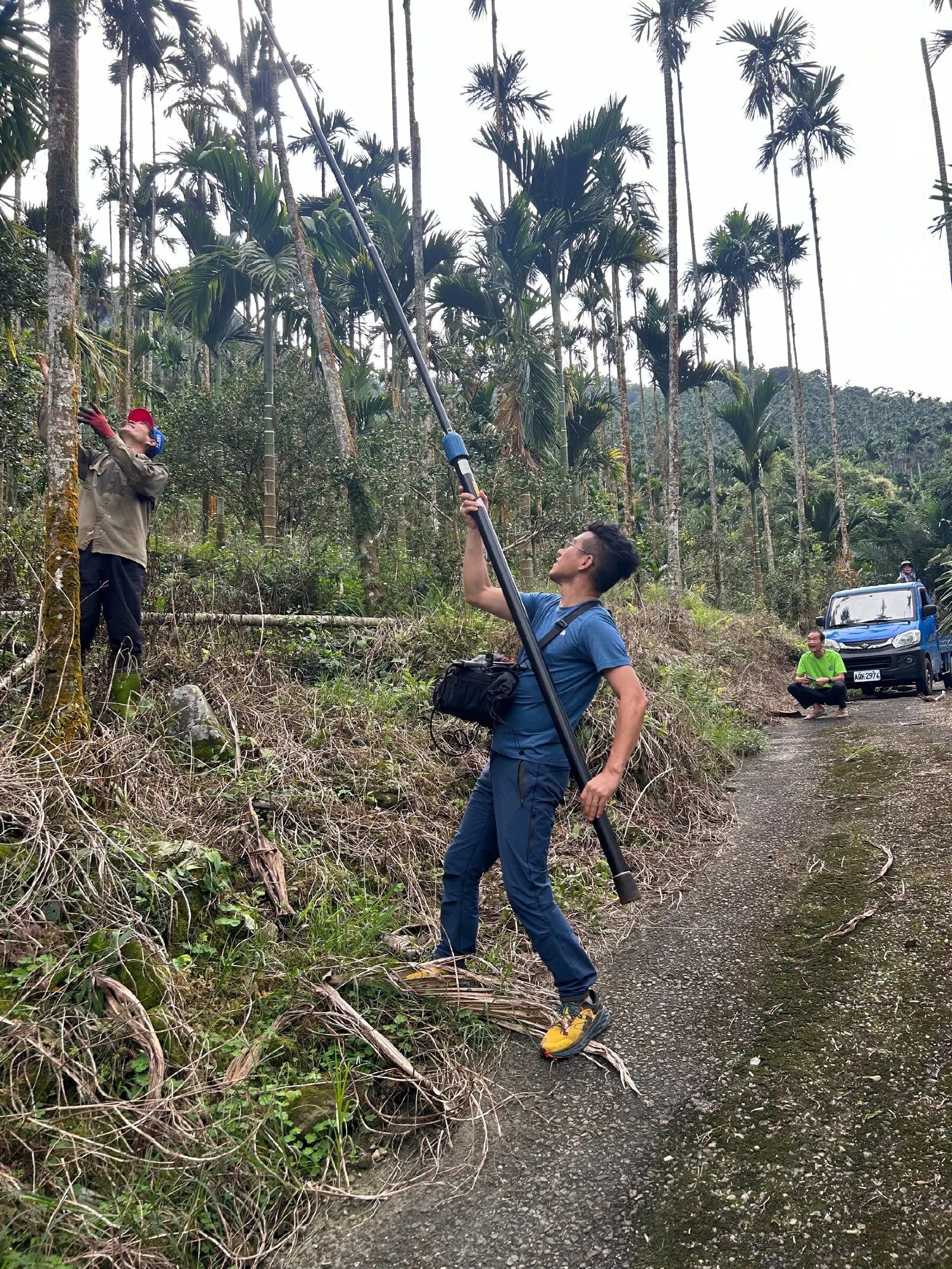 A person in blue holds a long microphone boom pole up toward areca palms, while another person reaches up beside a palm trunk and a villager crouches near a blue truck.