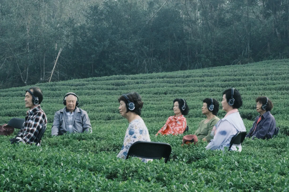 Seven older residents sit in a row in a tea field wearing headphones, eyes forward, with forest and terraced tea rows behind them.