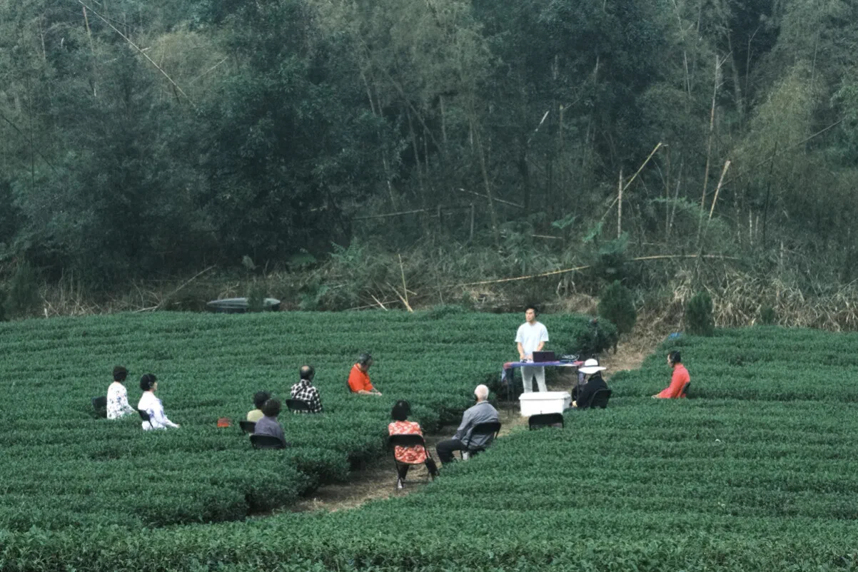 Residents sit on folding chairs in a circle among tea plants, with a person standing at a small table with a laptop in the centre and forest behind.