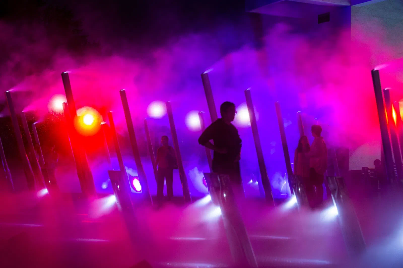 Visitors stand as silhouettes among slanted poles in pink and violet mist, lit from behind.