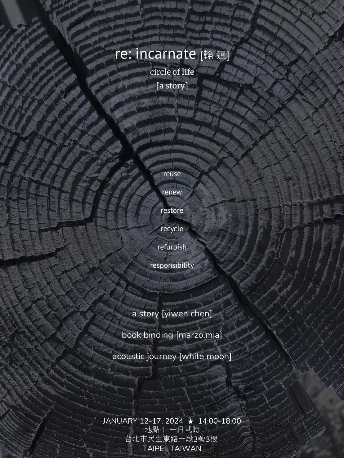 Poster for re:incarnate. Concentric rings of a cut tree trunk in dark grey, with the words reuse, renew, restore, recycle, refurbish and responsibility stacked at the centre.