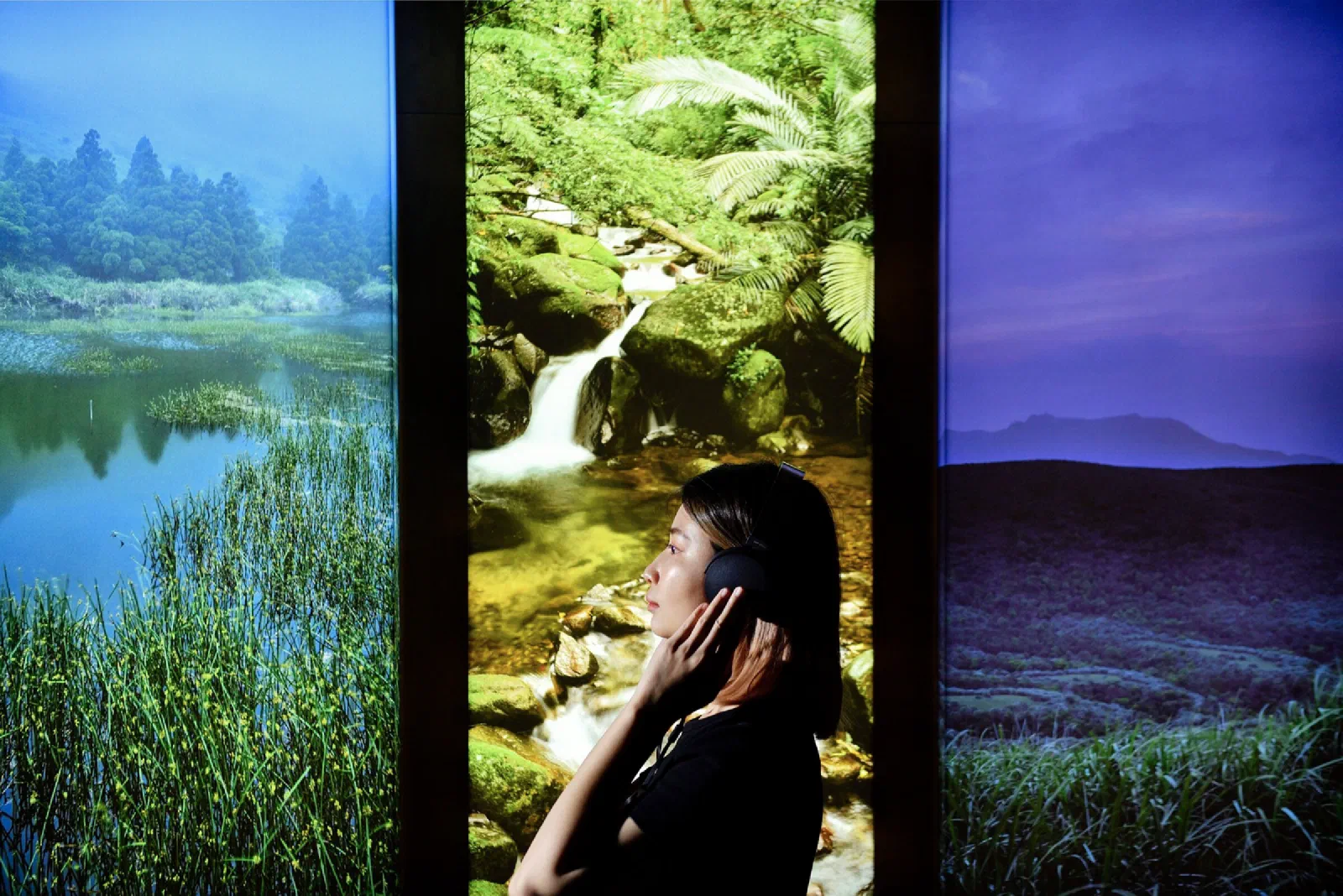In profile, a woman in headphones holds one hand to her ear in front of three tall landscape panels: a misty lake edged with reeds, a mossy waterfall in a fern forest, and a violet dusk over grassland.