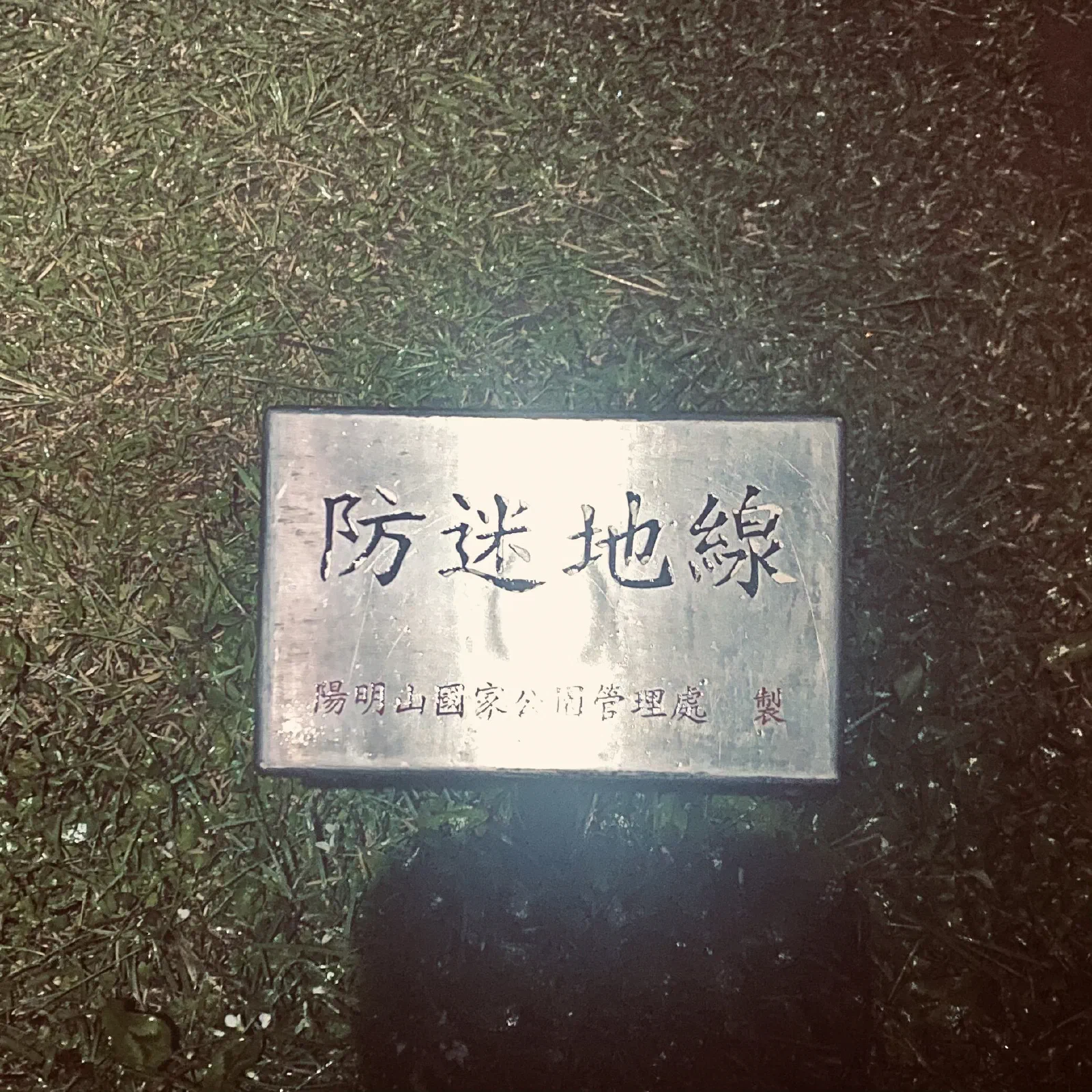 A metal plaque set in the grass reads 防迷地線, a trail-marking sign made by Yangmingshan National Park Headquarters.